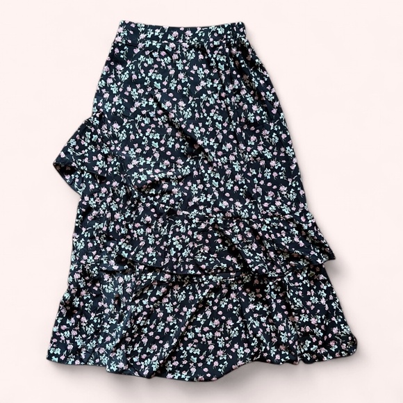BTFBM Black Floral Ruffle Side Slit Elastic Waist Midi Skirt Size S Gently Used - Picture 2 of 5